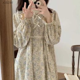 Women's Sleepwear Flower printed Pyjamas womens Korean style pleated evening dress one piece of Pyjama autumn long sleeved bow new home decor WX