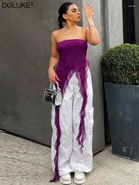 Women's Tanks Mesh Ruffle Tube Top Women Strapless Asymmetrical Fringed Crop Summer Elegant Going Out Party Purple