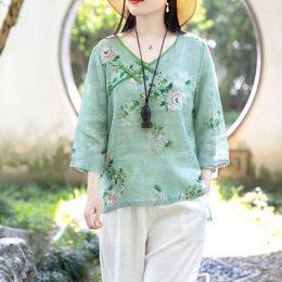 Ethnic Clothing Chinese Ramie Disc Button Top Female Summer Cotton Blouse Women Loose Printed Thin Shirt Traditional National