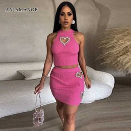 Two Piece Dress ANJAMANOR Love Rhinestone Hollow Ribbed Two Piece Short Set Crop Top Mini Skirt Baddie Birthday Outfit Sexy Clubwear D82-DC23 T240507