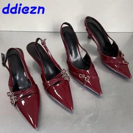 Dress Shoes Wine Red Footwear Pumps Women Thin Heels Female Slingbacks Fashion Pointed Toe Ladies High Slides Big Size