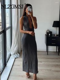 Casual Dresses Nlzgmsj - Solid Women Midi Evening Dress 2024 V Neck Sleeveless Backless Swing Female Halter Beach Sexy