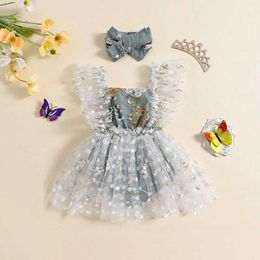 Rompers Baby Clothing Girls Floral Lace Embroidery Dress Ruffle Sweet Triangle-Bottom Jumpsuit Headband H240507