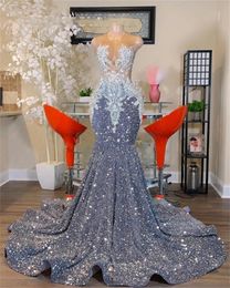 Silver Sheer O Neck Long Prom Gowns For Black Girls 2024 Appliques Beaded Birthday Party Dresses Sequined Evening Gown Mermaid