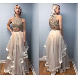 Modest Customised A Line Sleeveless Prom Dresses Two Pieces Evening Dress Pears Zipper Floor Length Formal Party Bridesmaid Gown 0431