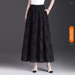 Skirts Embroider Flower Big Swing Long Black Skirt For Women 2024 Spring Summer Elegant Chic Loose Casual A-line Maxi Femme 2119