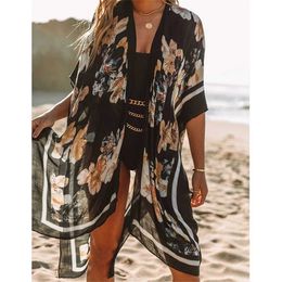Women Beach Wear 2022 Summer Women Fashion Print Long Slve Cardigan Female Chiffon Blouse Loose Casual Split Cover Up Shirt Beach Kimono Blusas Y240504