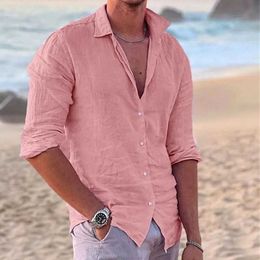 Men's Polos High quality 100% pure cotton linen shirt mens casual loose top long sleeved T-shirt summer and autumn beach vacation mens shirtL2405