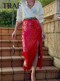 Skirts TRAF 2024 Fashionable and Elegant Womens High Waist Plush Sequins Ski Street Style A-Line Elastic Red Leather Heavy Loose Long Leather Q240507