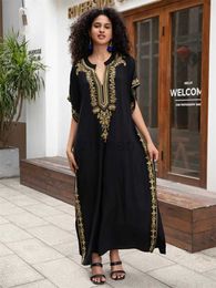 Women Beach Wear Women Wear 2024 Womens Elegant Gold Thread Embroidery Plus Size Kaftan Dress Summer Sexy V Neck Short Sleeve Beach Swimsuit Cover Up Q1667 d240507