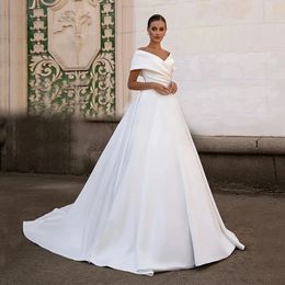 Elegant Wedding Dress 2024 Off The Shoulder Satin A-Line Bridal Gowns For Formal Party V-Neck Sweep Train Vestidos De Novia