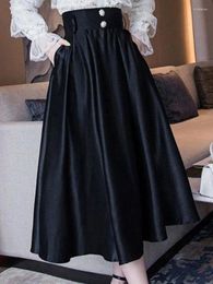 Skirts Black Women Fashion Pleated Satin Midi Skirt Woman Pearls Button Long Party Ladies