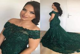 2020 Hunter Green Burgundy Evening Dresses Off Shoulder Illusion Full Lace Beaded Sequins Mermaid Prom Dresses Plus Size Formal Pa3111848