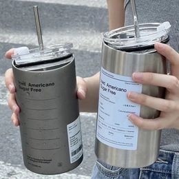 Ins Coffee Cup Thermoses Stainless Steel Water Bottle Straw Cup Ice American Coffee Mug Double-layer Vacuum Flask Couple Cup 240417