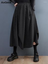 Skirts Black Plaid Vintage High Waist Pleated Skirt Women Plus Size Loose Casual Midi Fashion Clothing Spring Summer 2024