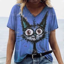 Women's T-Shirt 2024 vintage womens T-shirt cartoon cat print plus size shirt suitable for V-neck short sleeved basic shirt top oversized summer shirtL2405