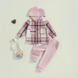 Clothing Sets Winter Kids Girls For Toddler 2PCS Outfit Plaid Pocket Hooded Button-Down Long Sleeve Shirts Tops Pants Clothes Set