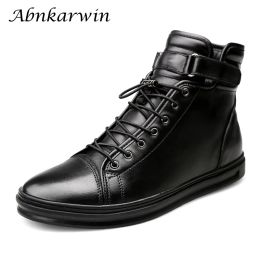 Boots Winter Men Ankle Lace Up Black Genuine Leather Boots Botas Hombre Cuero High Top Sneakers Skateboarding Shoes Big Size 47 48