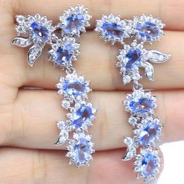 Dangle Earrings 45x22mm Prevent Allergy Rich Blue Aquamarine London Topaz Violet Tanzanite White CZ Females Sister Gift Silver