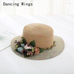 Wide Brim Hats Summer Women's Sun Hat Bucket Cap Beige Lace Bowknot Flowers Ribbon Flat Top Straw Beach Caps Panama