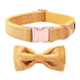 Collars Unique Style Paws Yellow Velvet Soft Collar with Bow tie and Leash Gift for Dogs and Cats