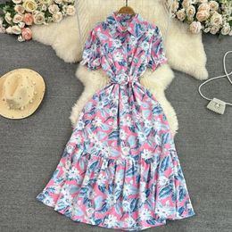 Party Dresses 2024 Summer Vintage Women Printed Long Dress Elegant Turn-Down Collar Single Breasted Short Sleeve High Waist Female Vestidos