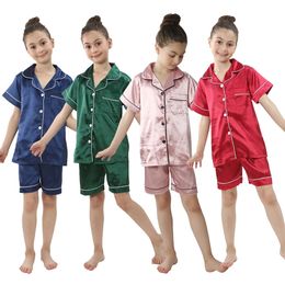 2 4 6 8 10 12 14 Years Children Pyjamas Satin Silk Summer Toddler Boys Girls for Teens Pink Kids Pijamas Short Sleeve Pyjama Set 240506