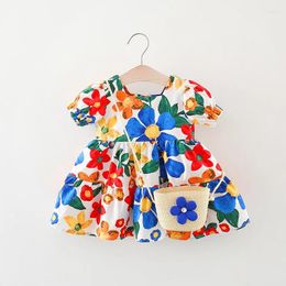 Girl Dresses 2Piece Sets Summer Beach Toddler Clothes Fashion Flowers Print Cute Bow Sleeveless Princess Baby Bag Kids Dress