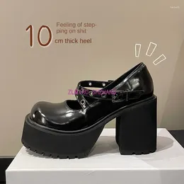 Dress Shoes Black Mary Jane Platform For Women Pumps Fashion Spring/Autumn Round Toe Buckle Belt 10CM Square High Heels Gothic Shoe