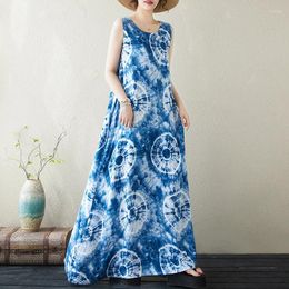 Casual Dresses Tie Dye Print Thin Light Loose Sleeveless Summer Bohemia Long Maxi Tank Dress Fashion Women Travel Style Beach