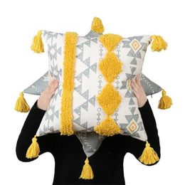 Cushion/Decorative Moroccan Print Embroidery Cushion Cover Yellow Grey Boho Ethnic Cover with Four Corners Tassels 45x45cm Home Decoration