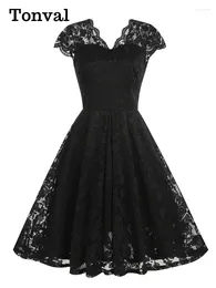 Party Dresses Tonval V-Neck Cap Sleeve Black Lace Elegant Women Vintage Style Clothes Formal Occasion Pleated Swing Dress