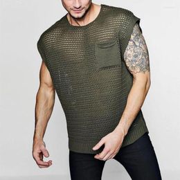 Men's Tank Tops Summer Fashion Casual Sexy Knitted Top Mesh Solid Colour Pocket Decorative T-Shirt Clothes Man