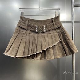 Skirts Korean Style Brown High Waist A- Line Irregular Pleated Skirt Women's Summer 2024 Short Denim Fashion Street Jupe