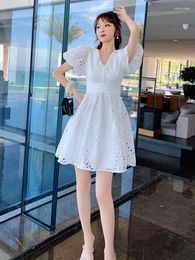 Party Dresses Summer Sweet Cute Elegant Women White Dress V-neck Puff Sleeve Mini Lace Hook Flower Hollow Bow Lady Ball Gown Vacation