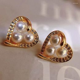 Stud Earrings Love Ins Style Vintage French Advanced Natural Freshwater Pearl Heart With Zircon S925 Silver Needle Jewellery