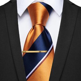 Bow Ties Casual Men Tie Orange Blue Striped Necktie For Man Wedding Daily Wearing Party Business Silk With Clip Set Accessories Gift