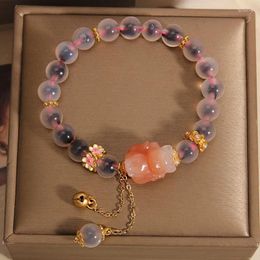 Strand Pink Sugar Heart Agate Bracelet Decorated With Peach Flower And Nice-tailed Jade