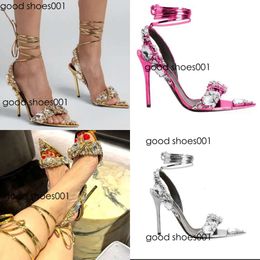 Crystal Metallic Embellished Ankle-Tie Sandals Heeled Stiletto Heels For Women Party Evening Shoes Open Toe Calf Mirror Leather Designers Original edition