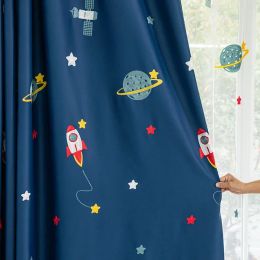 Curtains Navy Blue Cartoon Rocket Spaceship Blackout Curtains for Kids Boys Room Nursery Planet Satellite Embroidered Bay Window Drapes