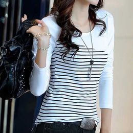 Women's T-Shirt Womens casual O-neck white black striped printed long sleeved autumn T-shirtL2405