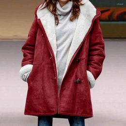 Women's Jackets 2024 Horn Buttons Women Fuzzy Jacket Fleece Lined Hooded Medium Length Overcoat Winter Windproof Furry Outerwear