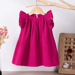 Girl Dresses 2024 Selling Solid Colour Button Baby Little Flying Sleeve Dress Princess Style Polyester Cute