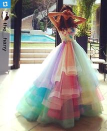 Charming Colorful Rainbow Dress A Line Sweetheart Off Shoulder Prom Gowns Lace Up Back Soft Tulle Bridal Dresses Plus Size4924073