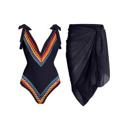 Suits Black Vintage Colorblock Ethnic Striped Print OnePiece Swimsuit Set Women's Summer Swiming Suit 2022 Luxury