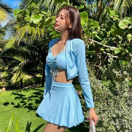 Women's Swimwear 2024 Women Bikini Set High Waist Solid Three Summer Bathing Suit Push Up Ladies Korean Style Long Sleeves Swimsuit