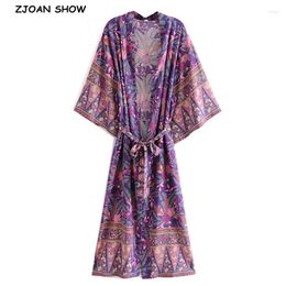 Women's Blouses Bohemia V Neck Celosia Flower Print Long Kimono Shirt Purple Ethnic Women Lacing Up Bow Sashes Cardigan Loose Blouse Tops