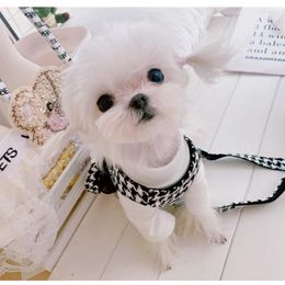 Dog Apparel Pet Cat Clothing Small Fragrant Wind Thousand Bird Grid Traction Suit Teddy Bear Tank Top Style Leash For Walking