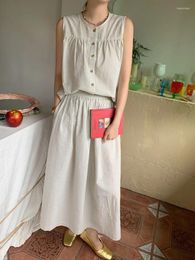 Work Dresses Korean Style Two 2 Piece Sets Women Summer Outfits Striped Cotton Sleeveless Tops Vests Midi Skirt In Matching Suits