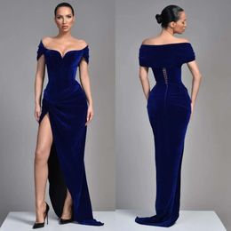 Blue Evening Dresses Sexy Royal Off Shoulder Veet Split Party Prom Sweep Train Long Dress For Red Carpet Special Ocn